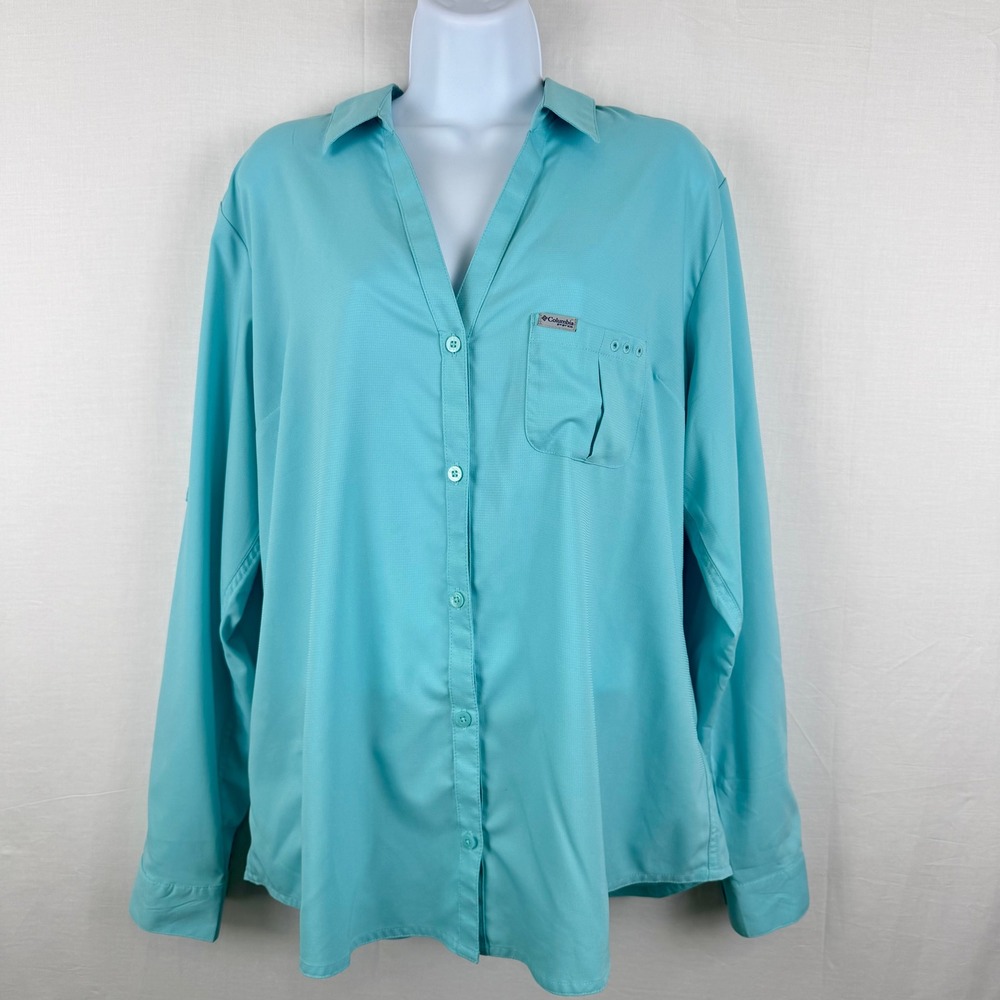 Columbia PFG Womens XL Aqua Blue Long Sleeve Fishing Shirt Button Down Ripstop